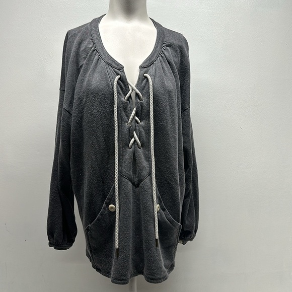 The Great Sweatshirt V-Neck Rope Lace Up Top Long Sleeve Pullover Gray Size 0 XS - Picture 2 of 10